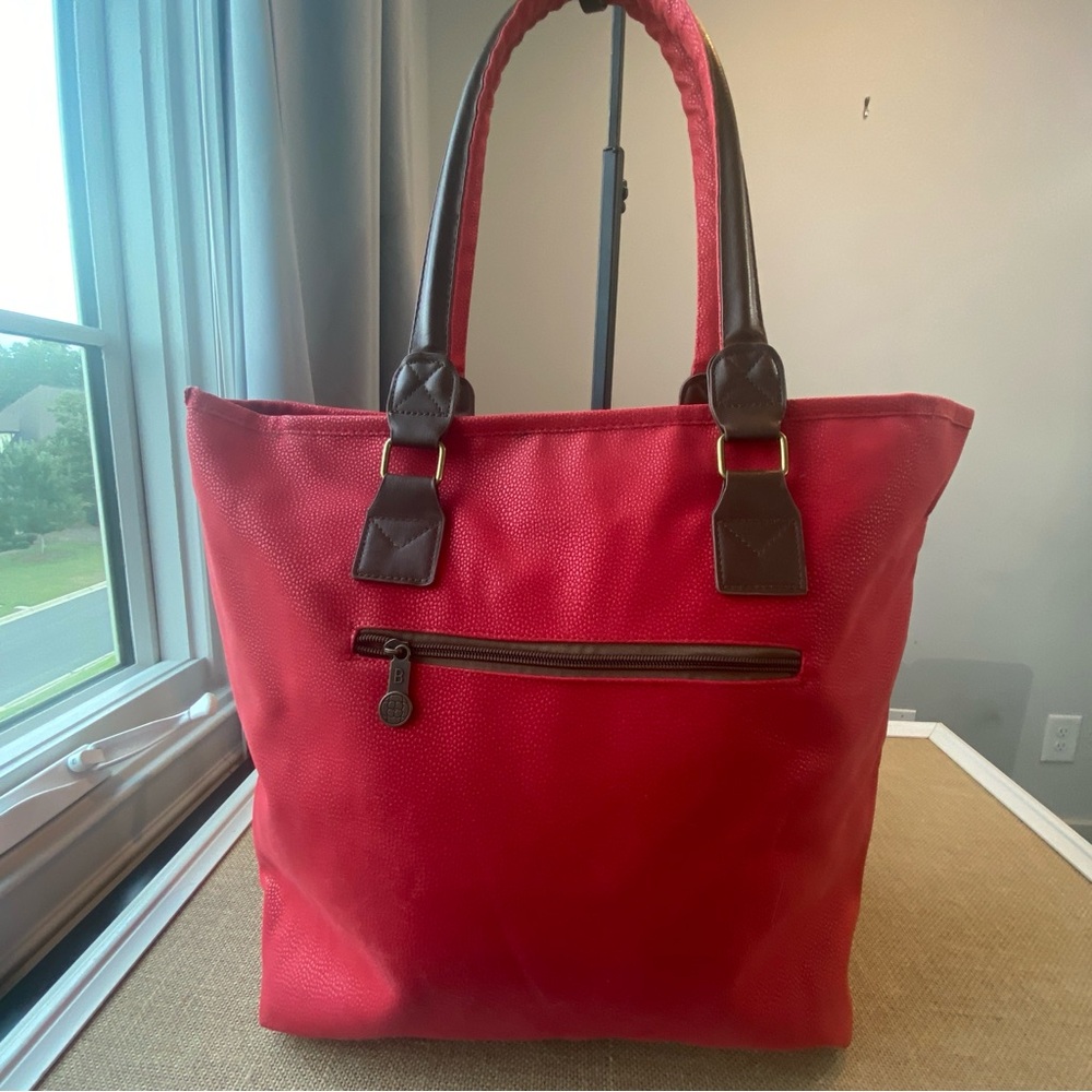 Bellemonde Red Faux Suede Large Tote Bag Brown Faux Leather Handles Vegan Autumn
